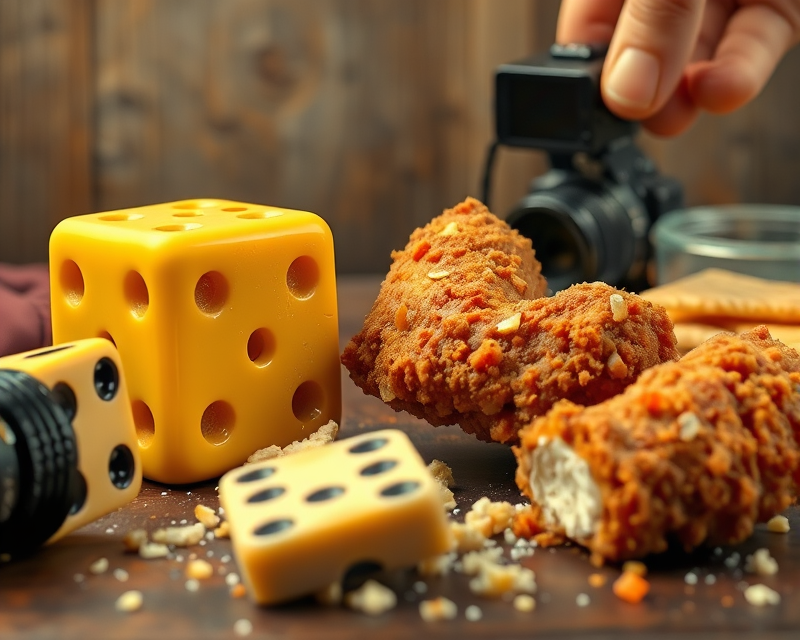 dice, seal, cheese, fried chicken, camera